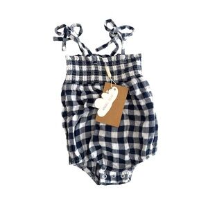 Angel Dear Navy & White Gingham Tie-Strap Romper Size 0-3 months NWT